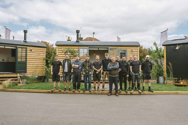 The Greendown team who are building handmade shepherds huts at their new site in Somerset. 
